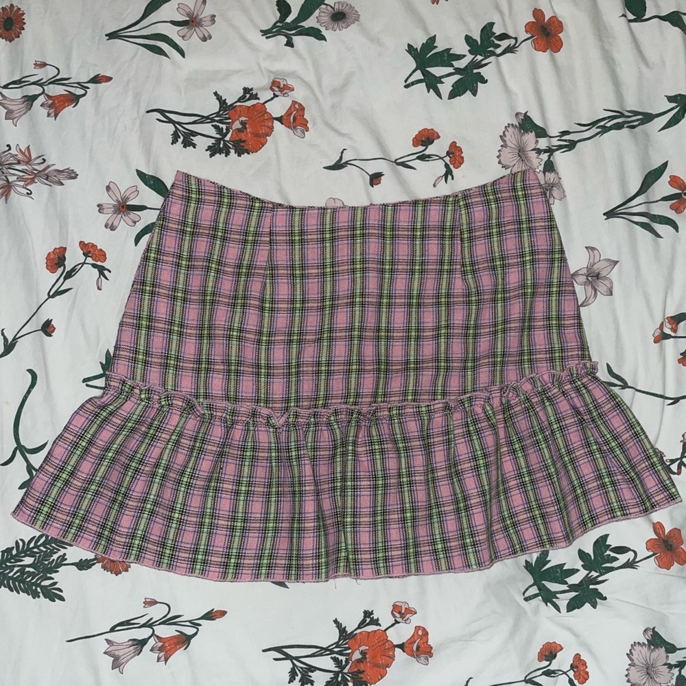 pink and green plaid schoolgirl skirt